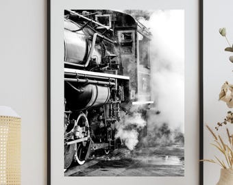 Black White Vintage Steam Locomotive Photography, Engine 73 Skagway Alaska Railway Print, Industrial Train Room Wall Art, Office Cabin Decor