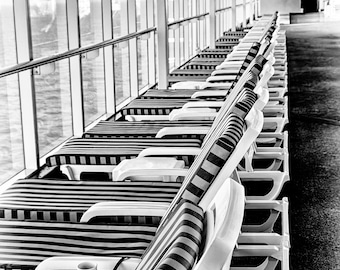 Monochrome Cruise Ship Photo Print, Striped Lounge Chair Fine Art Photography, Minimalist Nautical Wall Art, Ocean Liner Home Decor
