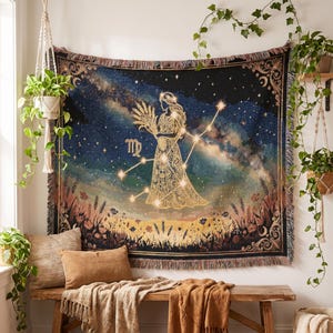 Gewebte Tagesdecke mit Jungfrau-Sternbild, himmlischer Baumwollteppich, Boho-Dekor
