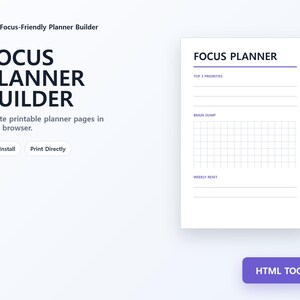 Fokusplanerare, utskrivbar PDF-planeraregenerator, lokalt HTML-verktyg, ADHD-vänlig