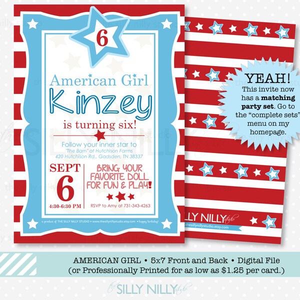 All-American Girl Invitation, Follow Your Inner Star, Red White and Blue Birthday Party, 5x7 American Girl Party by The Silly Nilly Studio