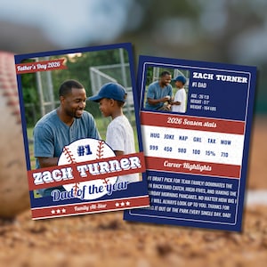 Puede incluir: Una tarjeta de béisbol personalizada para el Día del Padre 2026 con una foto de un hombre y un niño. La tarjeta muestra el nombre Zach Turner, #1 Dad, estadísticas de la temporada 2026 y momentos destacados en azul, rojo y blanco.