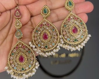 Flerfärgade Kundan Chandbali örhängen med pärldroppar | Indiska brudörhängen | Etniska statementsmycken | Pakistanska bröllopsörhängen