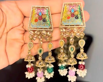 Kolczyki Meenakari Jhumka | Kolczyki etniczne z perłami Kundan | Indyjska biżuteria ślubna