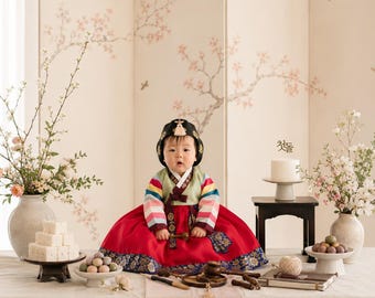 Custom Traditional Korean Dol Portrait, Luxury Dolsang First Birthday Portrait, Baby Hanbok Editorial Photo