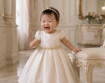 Romantic Luxury Princess Baby Portrait Edit | Custom Couture Toddler Photo | Palace Inspired Pink Satin Dress Editorial