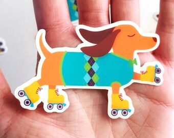 Roller Skating Dachshund Dog Vinyl Sticker Decal | Dachshund Lover Gift | Roller Skate Sticker | Cute Dog Sticker | Roller Derby Sticker