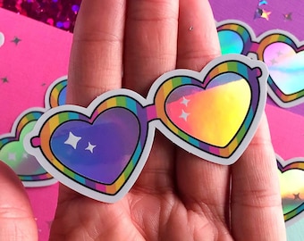 Cute Rainbow Heart Sunglasses Holographic Vinyl Sticker Decal | Waterproof Decal for Water Bottle | Sticker for Laptop Holographic Sticker