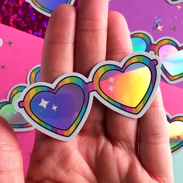 Cute Rainbow Heart Sunglasses Holographic Vinyl Sticker Decal | Waterproof Decal for Water Bottle | Sticker for Laptop Holographic Sticker