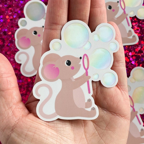 Cute Mouse Blowing Bubbles Sticker Vinyl Decal Cartoon Animal for Kids Fun Cute Adorable Happy Forest Critter Creature Waterproof Summer Fun