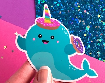 Cute Narwhal with Donut Sticker Vinyl Decal | Kawaii Sticker | Cute Narwhal Sticker | Small Gifts for Women | Laptop Decal | Donut Lover