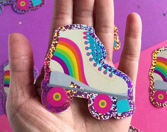 Retro Glitter Roller Skate Sticker | Derby Girl Quad Skate Vinyl Helment Decal Moxie Skates Derby Decal Roller Babe Rainbow LGBTQ Skating