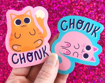 Chonk Cat Sticker Two Pack Set | Cute Fat Orange Cat Waterproof Decal | Crazy Cat Lady | Chunky Cartoon Pink Sticker Water Bottle | Cat Mom
