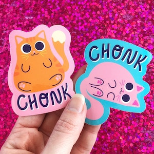 Chonk Cat Sticker Two Pack Set | Cute Fat Orange Cat Waterproof Decal | Crazy Cat Lady | Chunky Cartoon Pink Sticker Water Bottle | Cat Mom