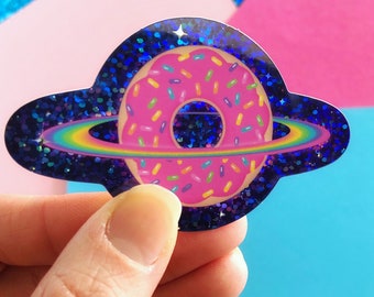 Donut Space Sticker | Donut Planet Glitter Holographic Vinyl Sticker | Space Donut Sticker | Cute Decal for Laptop, Phone, Water Bottle, Car