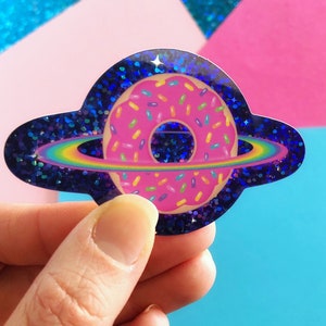 Donut Space Sticker | Donut Planet Glitter Holographic Vinyl Sticker | Space Donut Sticker | Cute Decal for Laptop, Phone, Water Bottle, Car
