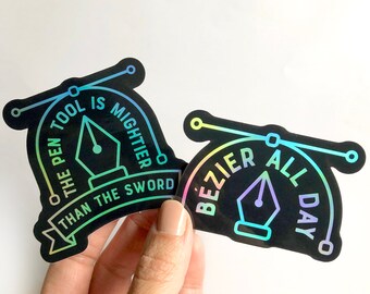 Graphic Designer Sticker 2 Pack The Pen Tool Is Mightier Than The Sword Holographic Vinyl Sticker Graphic Designer Gift | Decal for Macbook