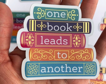 One Book Leads To Another Sticker | Stack of Books Bookish Decal for Book Lover Librarian Book Cart Bookworm Author | Nerd Gold Bibliophile