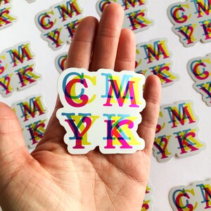 May include: A hand holding a sticker with the letters CMYK in a colorful, layered design. The letters are outlined in black and each letter is made up of overlapping colors, creating a layered effect. The sticker is on a white background.