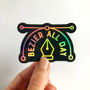 Puede incluir: Una pegatina negra e iridiscente con un bol&iacute;grafo y el texto "Bezier All Day".