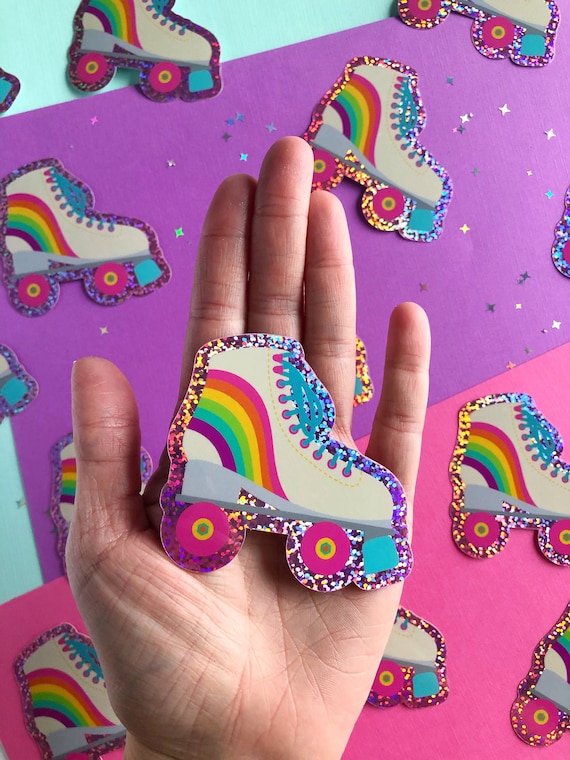 Retro Glitter Roller Skate Sticker | Derby Girl Quad Skate Vinyl Helment Decal Moxie Skates Derby Decal Roller Babe Rainbow LGBTQ Skating