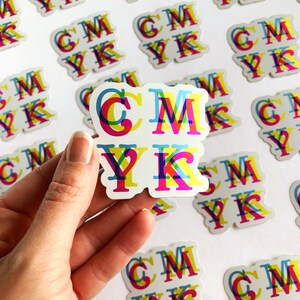 May include: A close-up of a hand holding a sticker with the letters CMYK printed in overlapping colors. The letters are printed in a rainbow pattern of cyan, magenta, yellow, and black.