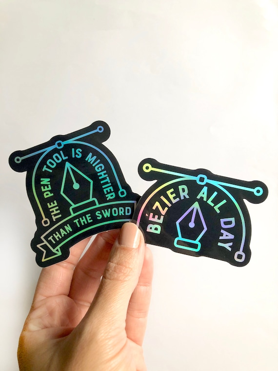 Graphic Designer Sticker 2 Pack The Pen Tool Is Mightier Than The Sword Holographic Vinyl Sticker Graphic Designer Gift | Decal for Macbook