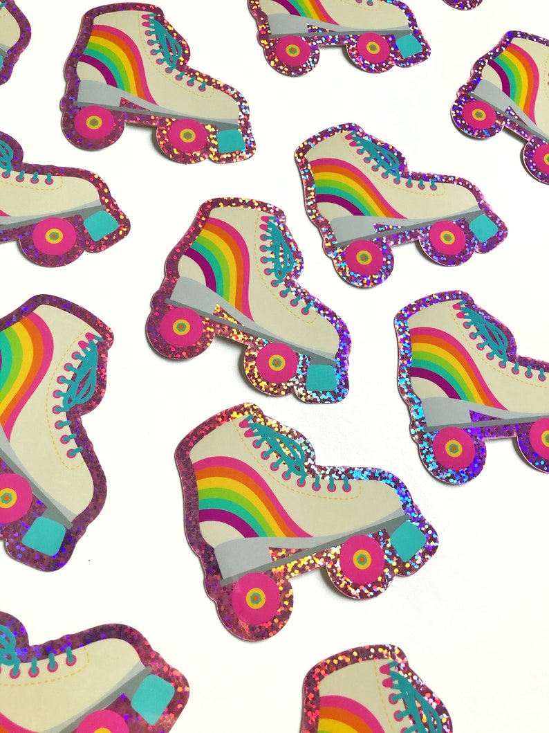 May include: A set of 10 rainbow roller skate stickers with pink glitter borders. The stickers are white with a rainbow stripe and turquoise laces.