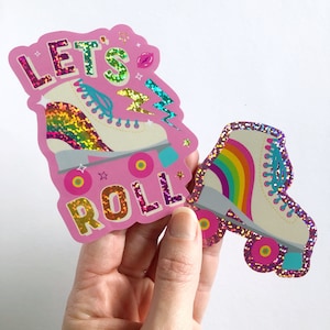Roller Skate Let's Roll Stickers | Rainbow Glitter Holographic | Roller Derby Girl Vinyl Decal Retro Quad Skate Waterproof Moxie Roller Babe