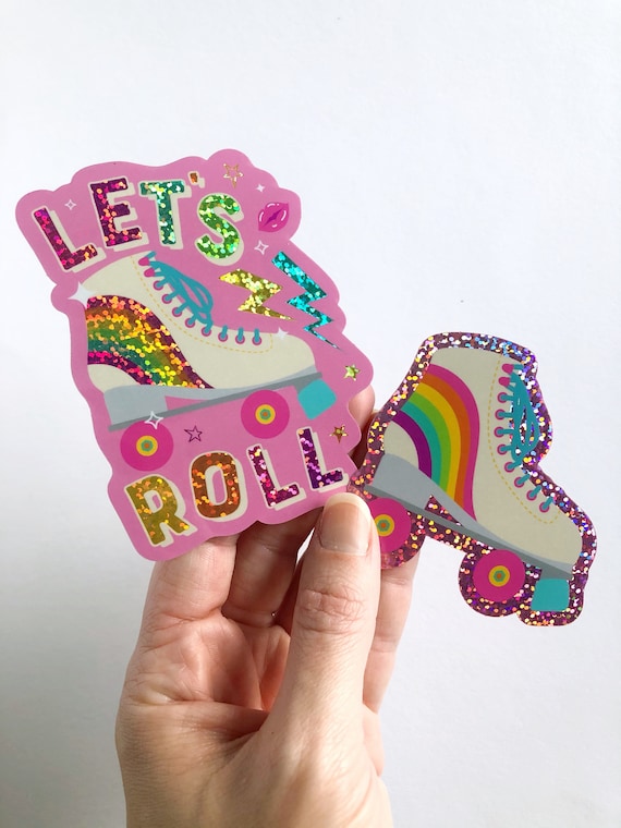 Roller Skate Let's Roll Stickers | Rainbow Glitter Holographic | Roller Derby Girl Vinyl Decal Retro Quad Skate Waterproof Moxie Roller Babe