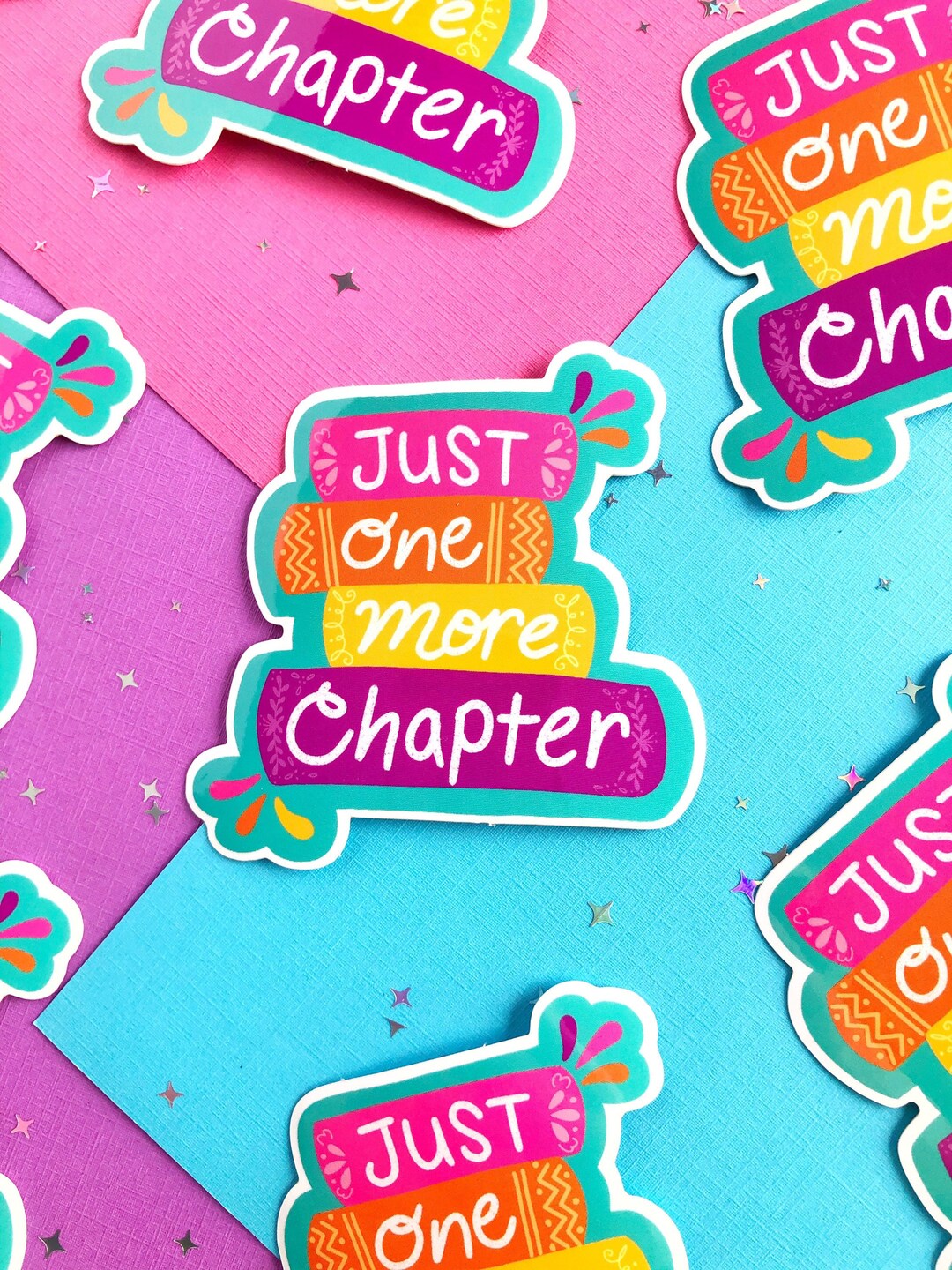 Just One More Chapter Sticker | Rainbow Stack of Books Bookish Decal ...