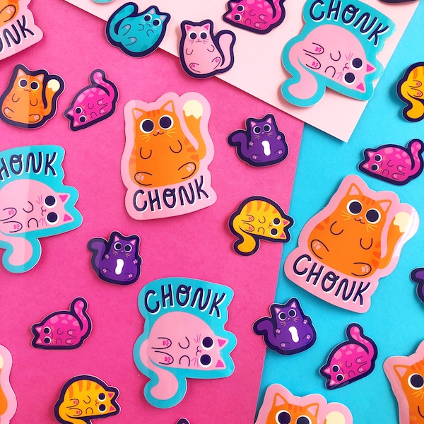 Chonk Cat Sticker Pack Bundle | Fat Chonk Cat | Chunky Kitty Vinyl Decals | Crazy Cat Lady Gift | Cat Lover | Cute Colorful Pastel Kittens