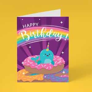 Go Nuts Narwhal Donuts Happy Birthday Card | Cute Birthday Card | Colorful Rainbow Birthday | Doughnuts | Funny Birthday Card