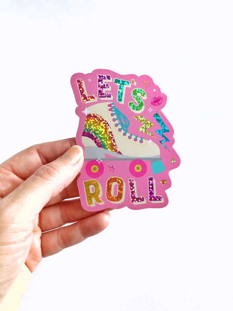 Roller Skate Let's Roll Stickers | Rainbow Glitter Holographic | Roller Derby Girl Vinyl Decal Retro Quad Skate Waterproof Moxie Roller Babe image 4