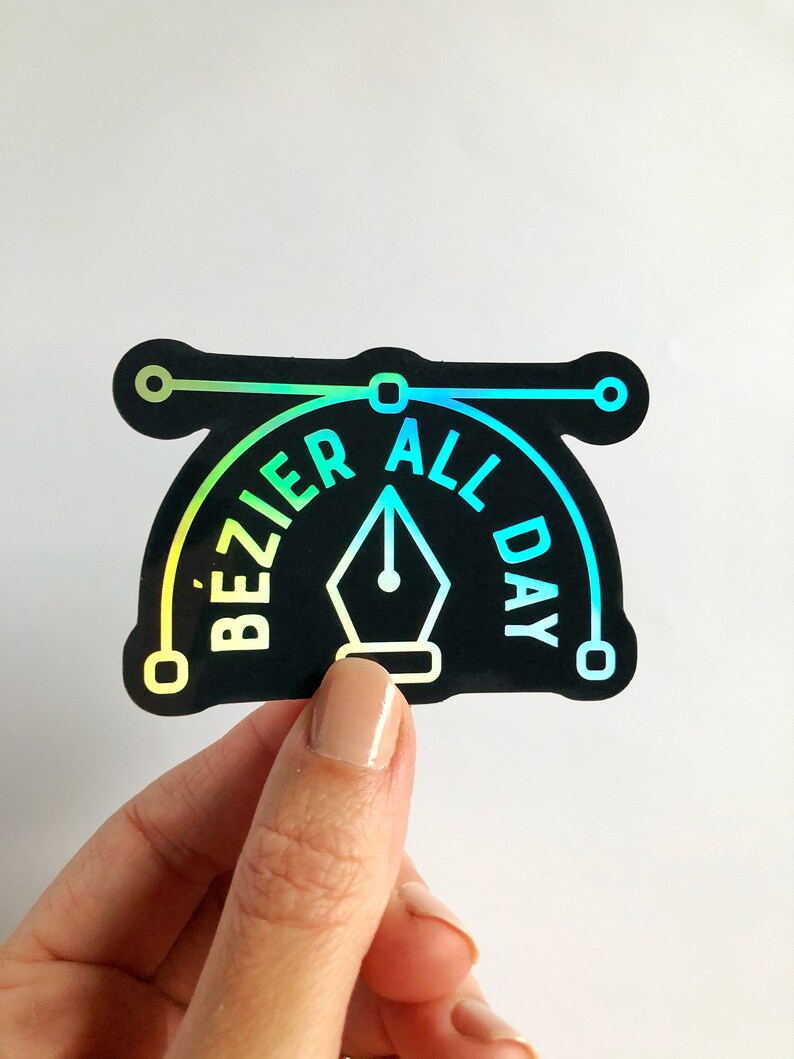 Puede incluir: Una pegatina negra e iridiscente con un dise&ntilde;o de plum&iacute;n y el texto "Bezier All Day".