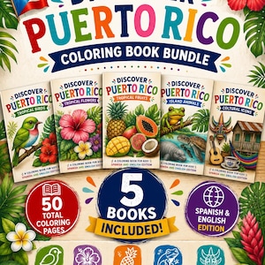 Discover Puerto Rico Coloring Book Bundle for Kids, 5 Printable PDF Books, Spanish & English Edition, Educational Activity Pack
