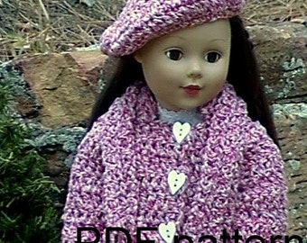 034  Long sleeve sweater, scarf and beret  for American Girl doll in crochet