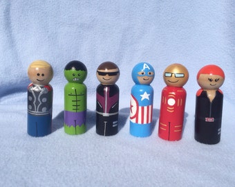 The Avengers hand painted wooden peg people Hulk Thor Captain America Hawkeye Ironman Black Widow