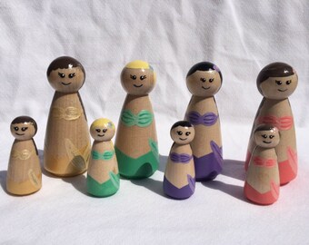4 pack of Mommy and baby Mermaid wooden peg dolls