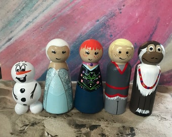 Disney Frozen's Queen Elsa and Princess Anna of Arendelle plus Olaf, Kristoff and Sven hand painted wooden peg dolls