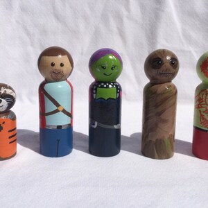 Guardian of the Galaxy Hand painted wooden peg people, Rocket Raccoon, Star-Lord, Gamora, Groot, Drax the Destroyer