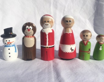 Christmas themed Hand painted wooden peg people, Santa Claus ~ Mrs. Claus ~ elves ~ Rudolph ~ reindeer ~ snowman ~ Frosty