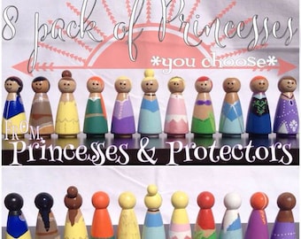 8 Princess Peg Dolls of your Choice Elsa, Anna, Cinderella, Ariel, Jasmine, Snow White, Pocahontas, Belle, Aurora, Rapunzel, Tinkerbell