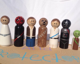 7 Piece set of Star Wars Hand painted wooden peg people Princess Leia, Darth Mal, Darth Vader, Han Solo, Luke Skywalker & Yoda peg dolls