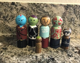 Guardian of the Galaxy Vol 2 Hand painted wooden peg people, Rocket Raccoon, Star-Lord, Gamora, Groot, Drax the Destroyer, Yondu