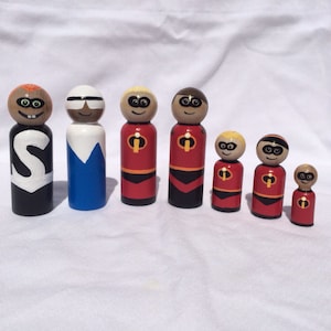 The Incredibles Mr. Incredible, Elastigirl, Frozone, Syndrome, Violet, Dash and Jack Jack hand painted wooden peg doll toys