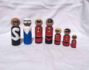The Incredibles Mr. Incredible, Elastigirl, Frozone, Syndrome, Violet, Dash and Jack Jack hand painted wooden peg doll toys