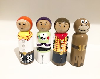 Toy Story Woody, Buzz Lightyear, Bullseye & Jesse handpainted pretend play wooden peg dolls