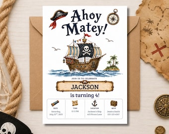 Editable Ahoy Matey Pirate Birthday Party Invitation Template, Boy Birthday Party Invite,  Pirate Invitation (Digital Download)