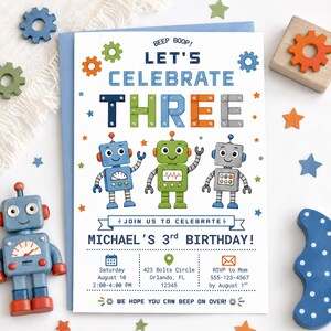Editable Robot Birthday Invitation, Robot Invitation, Boy 3rd Birthday, Third Birthday Invitation Digital Download
